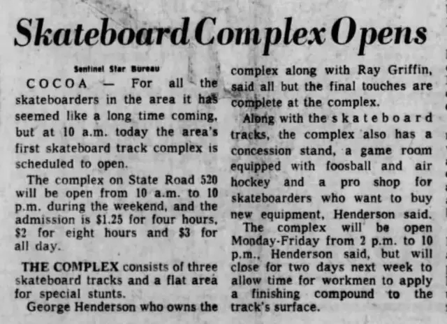 Paved Wave - Cocoa Beach, FL Opening day announcement (Orlando Sentinel, April 3, 1976)