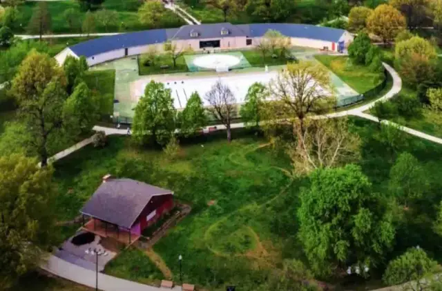 Drone view of Riverside Park Bowl in 2022, footprint clear