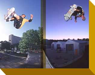 Frontside Tailgrab, Prahran, Melbourne (left), Indy Air, Hardcore ramp (right).